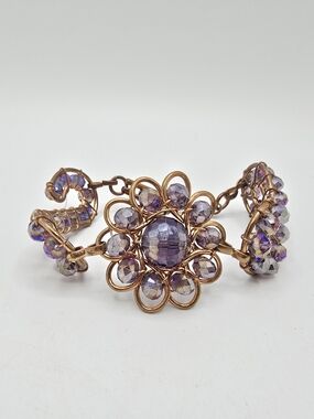 Purple AB Faceted Bead Bracelet Wire Wrapped Flower Gold Tone Boho Vintage 7.25"